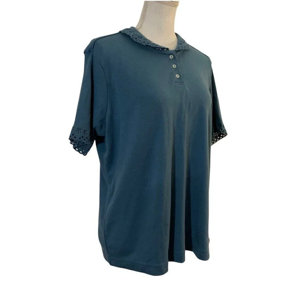 Blair Vintage Blouse Light Blue Eyelet Sleeves and Collar Short Sleeve Large - Picture 3 of 7